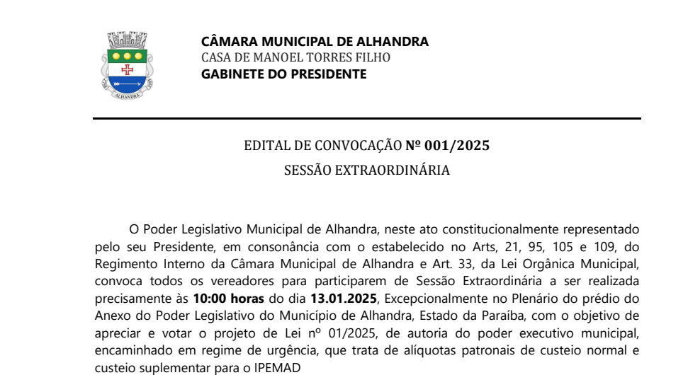 EDITAL DE CONVOCAÇÃO DE SESSÃO EXTRAORDINÁRIA